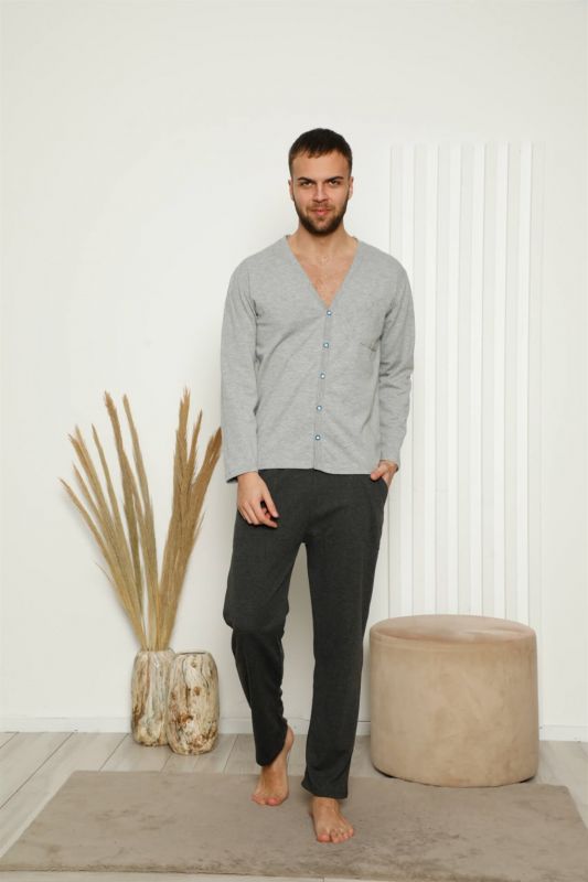 Moda Çizgi Erkek %100 Pamuk Önden Düğmeli Cepli Uzun Kollu Pijama Takımı 6769 - 2