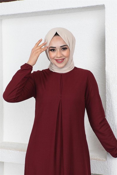 A Pile Model Elbise BORDO - Thumbnail