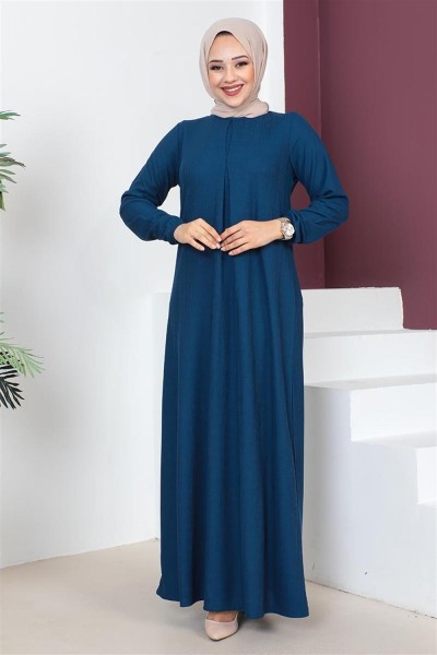 A Pile Model Elbise KOYU İNDİGO - Thumbnail