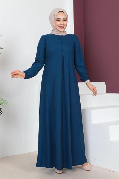 A Pile Model Elbise KOYU İNDİGO - Thumbnail