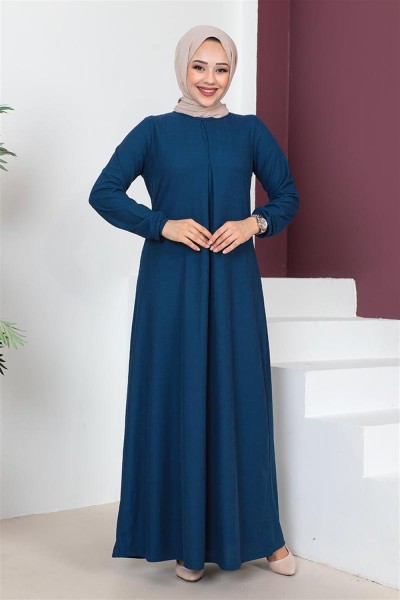 A Pile Model Elbise KOYU İNDİGO - Thumbnail