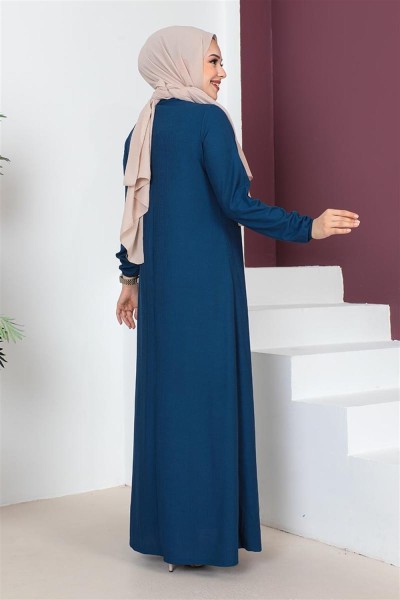 A Pile Model Elbise KOYU İNDİGO - Thumbnail