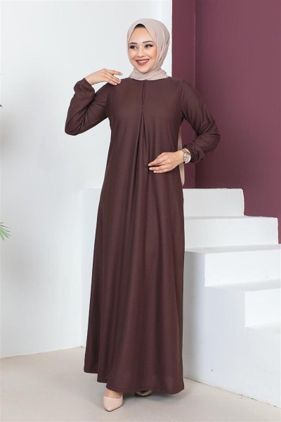 A Pile Model Elbise KOYU TABA - Thumbnail