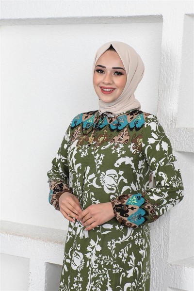 A Pile Model Tesettür Elbise HAKİ - Thumbnail