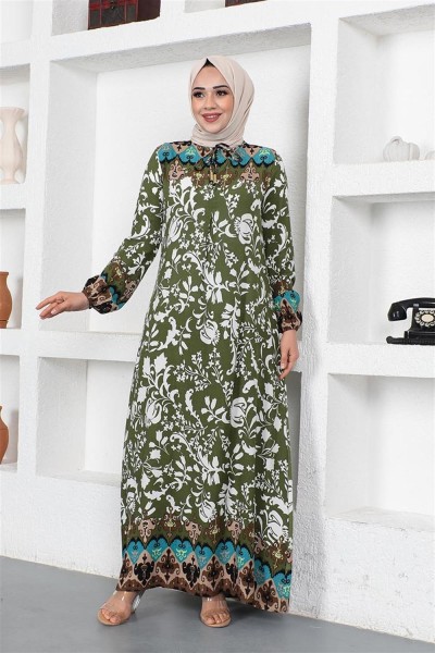 A Pile Model Tesettür Elbise HAKİ - Thumbnail