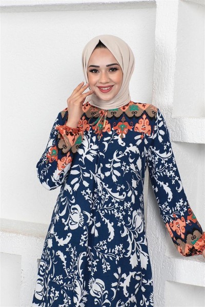 A Pile Model Tesettür Elbise LACİVERT - Thumbnail