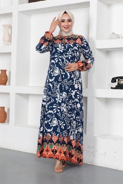 A Pile Model Tesettür Elbise LACİVERT - Thumbnail