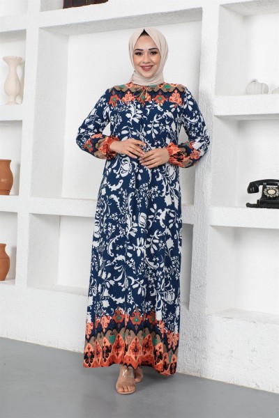 A Pile Model Tesettür Elbise LACİVERT - Thumbnail