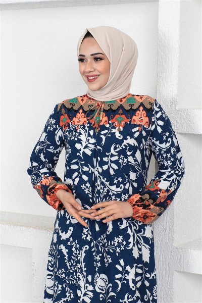 A Pile Model Tesettür Elbise LACİVERT - Thumbnail