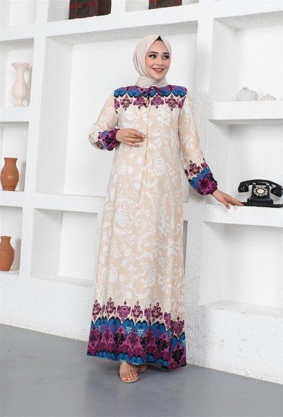 A Pile Model Tesettür Elbise VİZON - Thumbnail