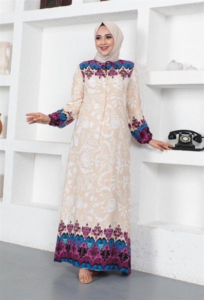 A Pile Model Tesettür Elbise VİZON - Thumbnail