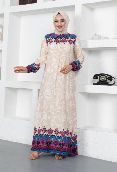 A Pile Model Tesettür Elbise VİZON - Thumbnail