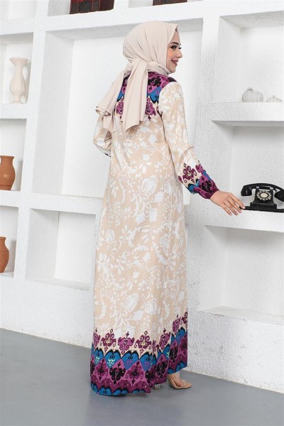 A Pile Model Tesettür Elbise VİZON - Thumbnail