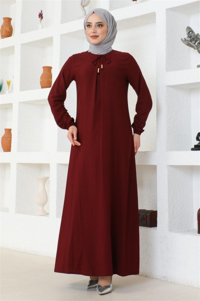 A Pile Viskon Elbise BORDO - Thumbnail