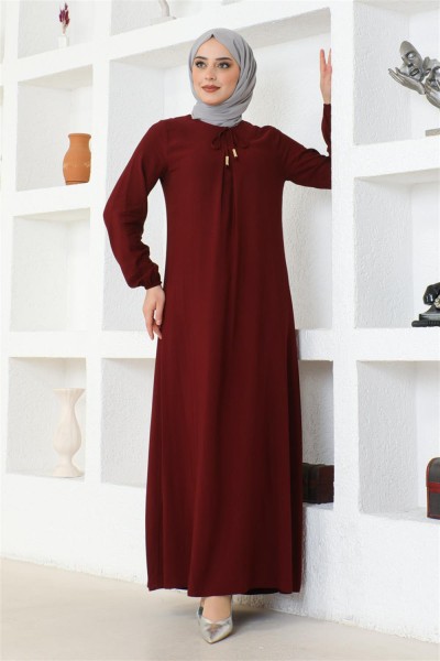 A Pile Viskon Elbise BORDO - Thumbnail