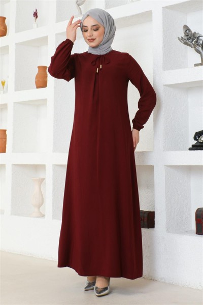 A Pile Viskon Elbise BORDO - Thumbnail