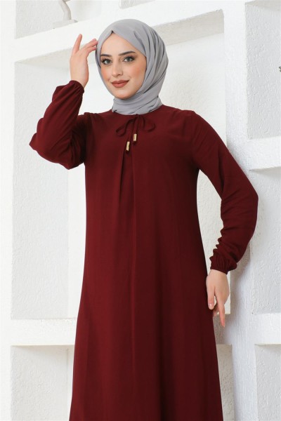 A Pile Viskon Elbise BORDO - Thumbnail