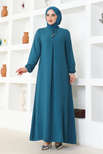 A Pile Viskon Elbise PETROL - Thumbnail