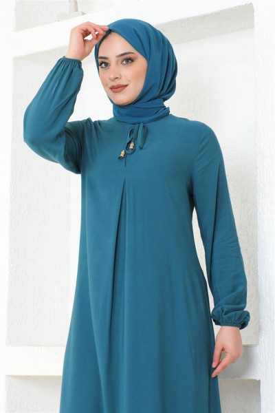 A Pile Viskon Elbise PETROL - Thumbnail