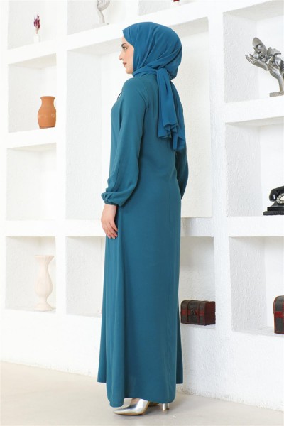 A Pile Viskon Elbise PETROL - Thumbnail