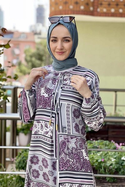 A Pileli Desenli Elbise MÜRDÜM - Thumbnail