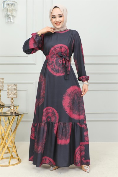 Aerobin Desenli Elbise BORDO - Thumbnail