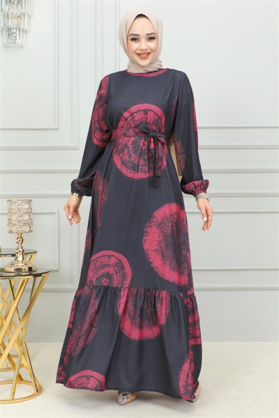 Aerobin Desenli Elbise BORDO - Thumbnail