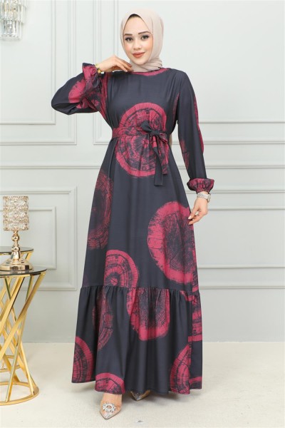 Aerobin Desenli Elbise BORDO - Thumbnail