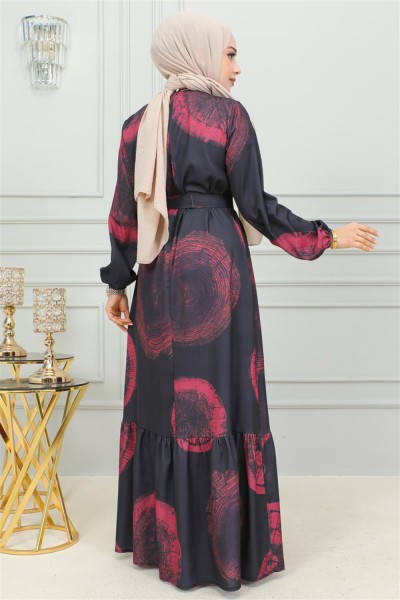 Aerobin Desenli Elbise BORDO - Thumbnail