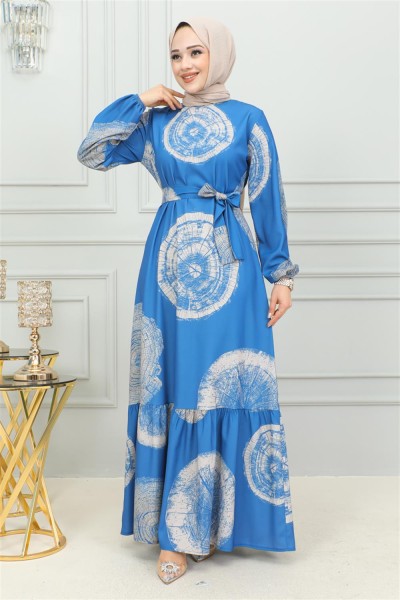 Aerobin Desenli Elbise İNDİGO - Thumbnail