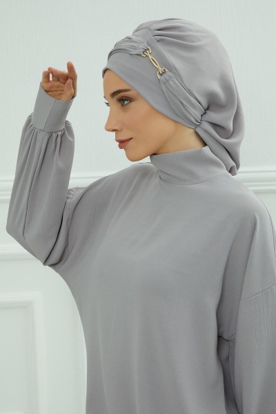 عمامة جاهزة مع ملحقات قماش ايروبين، HT-93 رمادي - Thumbnail