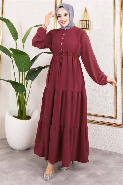 Afra Bağcık Detaylı Elbise BORDO - Thumbnail