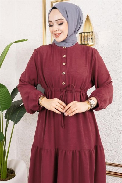 Afra Bağcık Detaylı Elbise BORDO - Thumbnail