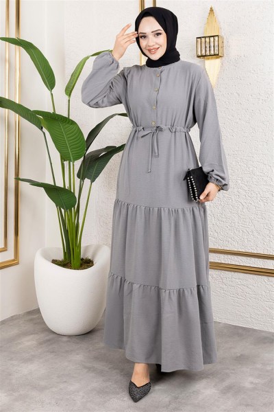 Afra Bağcık Detaylı Elbise GRİ - Thumbnail