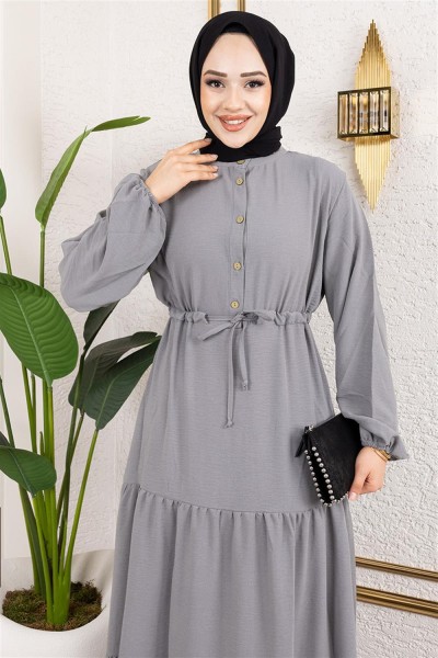 Afra Bağcık Detaylı Elbise GRİ - Thumbnail