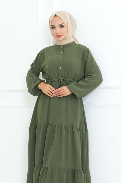 Afra Bağcık Detaylı Elbise HAKİ - Thumbnail