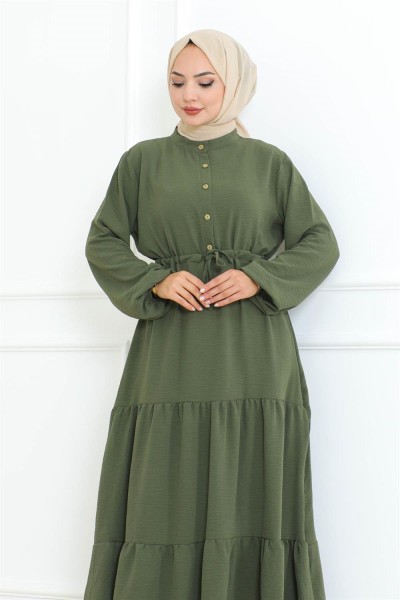 Afra Bağcık Detaylı Elbise HAKİ - Thumbnail