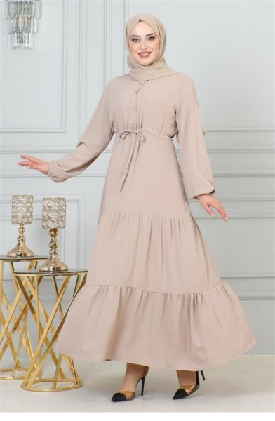 Afra Bağcık Detaylı Elbise VİZON - Thumbnail