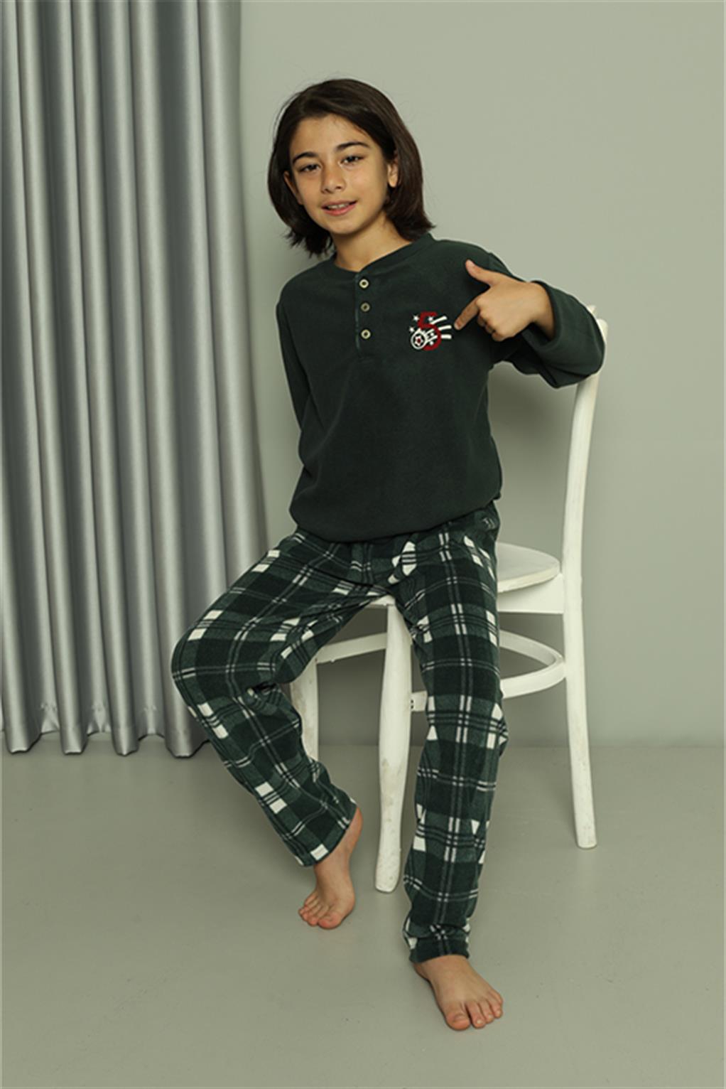 Moda Çizgi Erkek Çocuk WelSoft Polar Yeşil Pijama Takımı 20549 - 10 | Yeşil