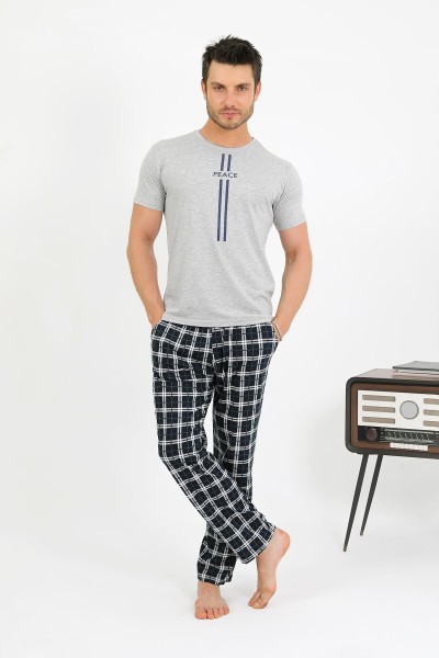 Akbeniz Erkek Pamuk Kısa Kol Pijama Takım Gri 6875 - Thumbnail