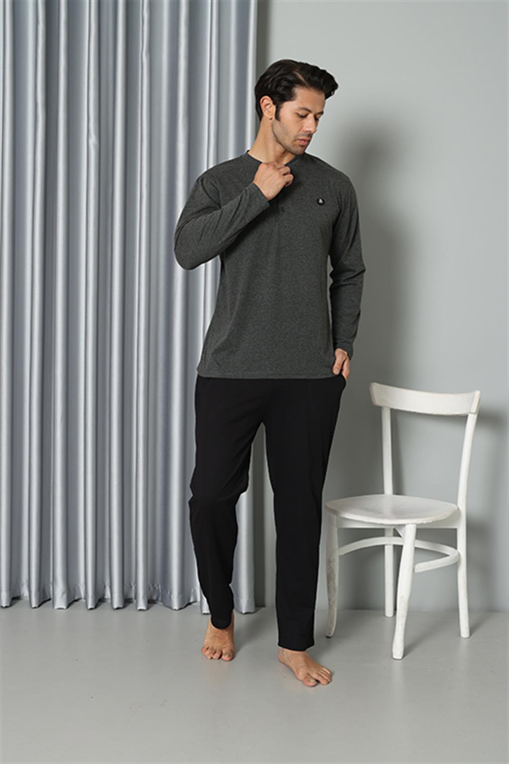 Moda Çizgi Erkek Uzun Kol Penye Antrasit Pijama Takım 6841 - L | Antrasit