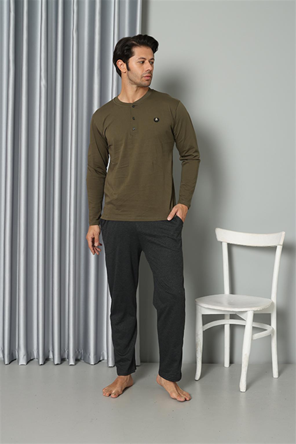 Moda Çizgi Erkek Uzun Kol Penye Haki Pijama Takım 6841 - XL | Haki