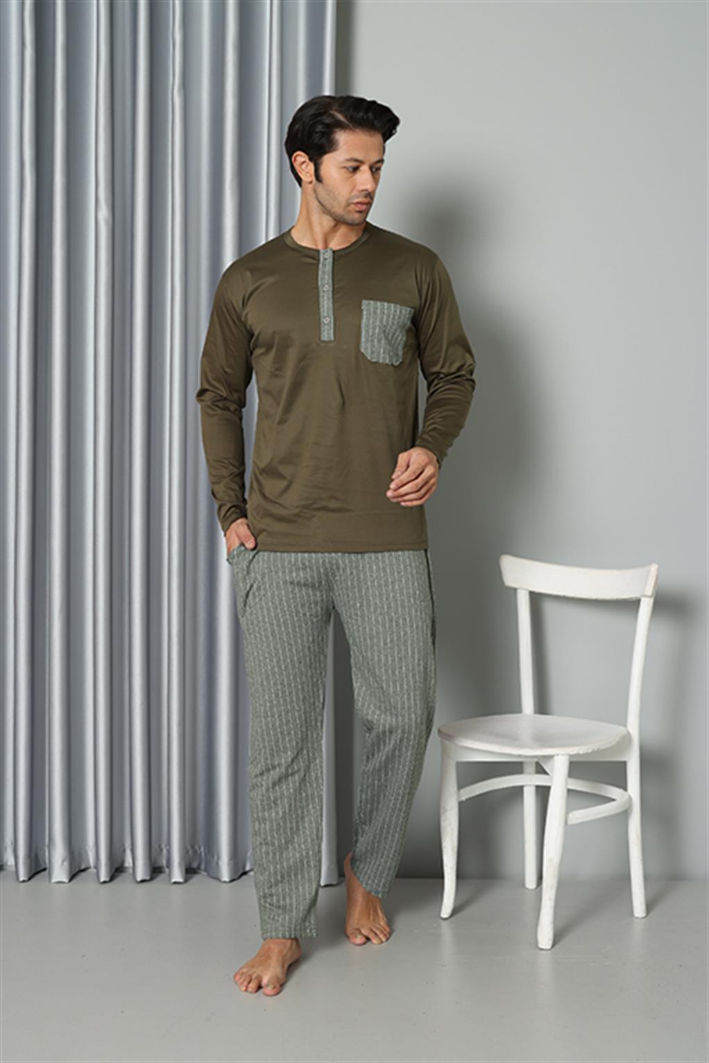Moda Çizgi Erkek Uzun Kol Penye Haki Pijama Takım 6842 - 3XL | Haki