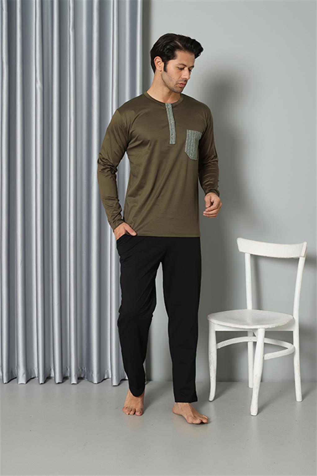 Moda Çizgi Erkek Uzun Kol Penye Pijama Takım 6844 - 3XL | Haki