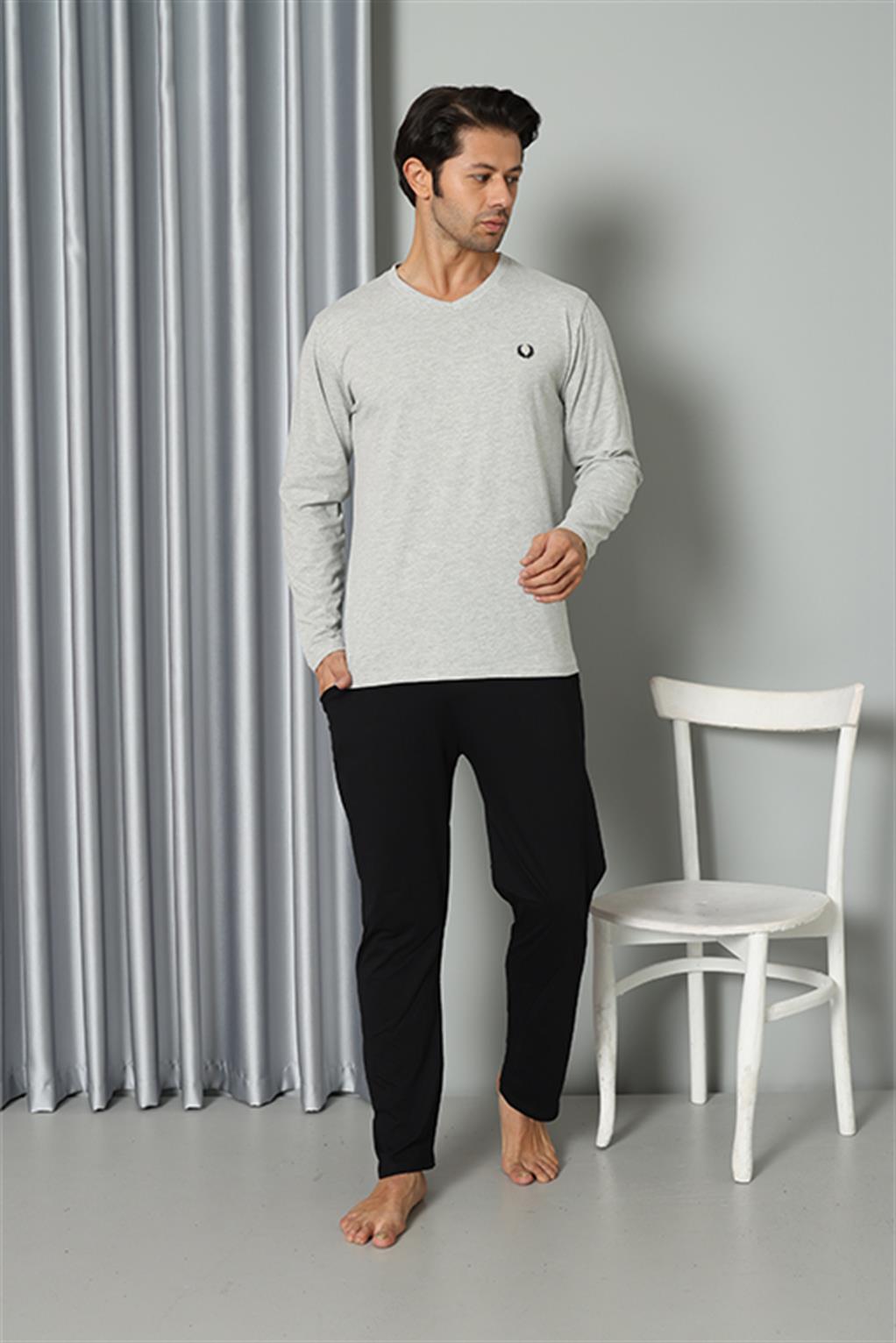 Moda Çizgi Erkek Uzun Kol V Yaka Penye Gri Pijama Takım 6843 - XL | Gri