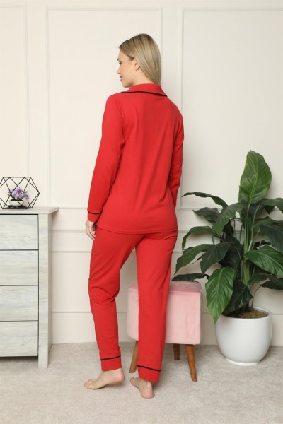 Moda Çizgi Kadın %100 Pamuk Penye Önden Düğmeli Uzun Kol Pijama Takım 2714 - Thumbnail