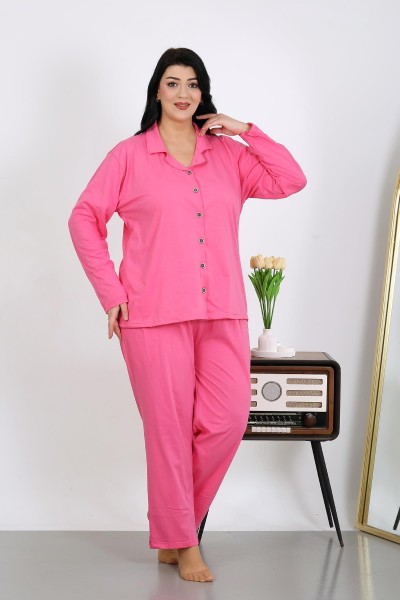 Moda Çizgi Kadın Büyük Beden Pamuklu Cepli Düğmeli Pembe Pijama Takım 202504 - Thumbnail