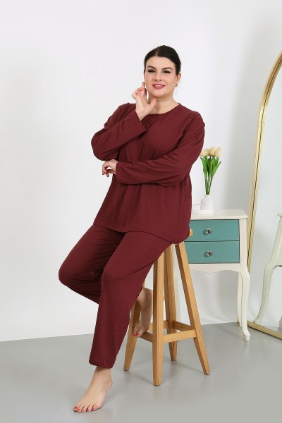 Moda Çizgi Kadın Büyük Beden Uzun Kol Penye Pijama Takımı Bordo 202501 - Thumbnail