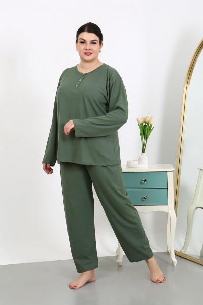  - Moda Çizgi Kadın Büyük Beden Uzun Kol Penye Pijama Takımı Haki 202501