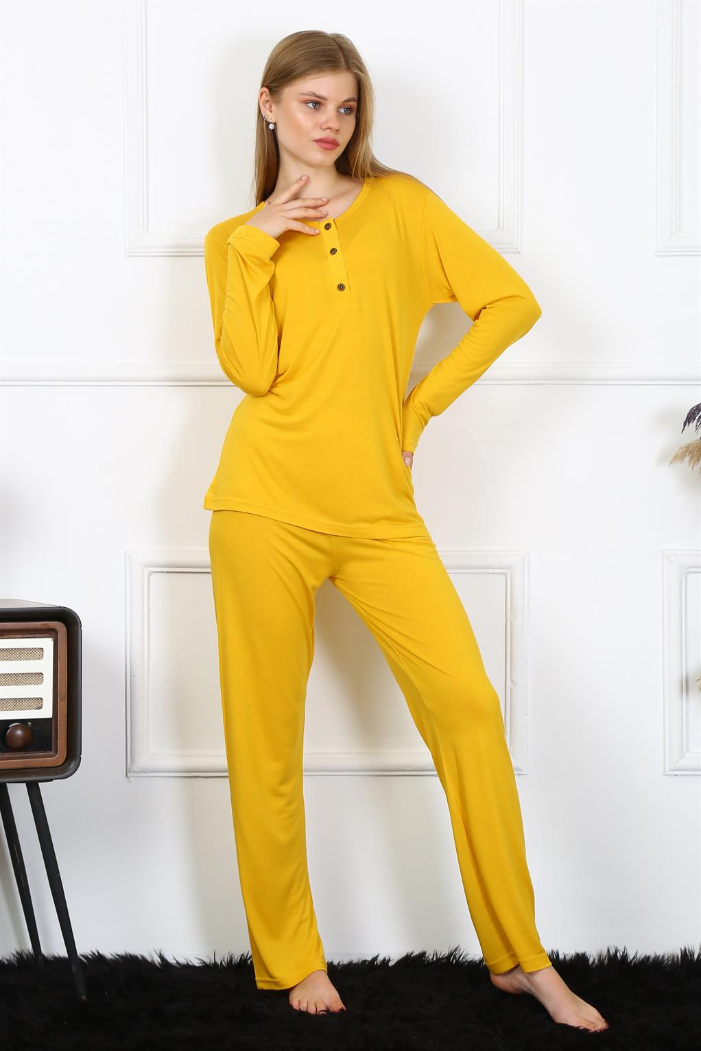 Moda Çizgi Kadın Penye Uzun Kol Patlı Pijama Takım 4167 - M | Sarı